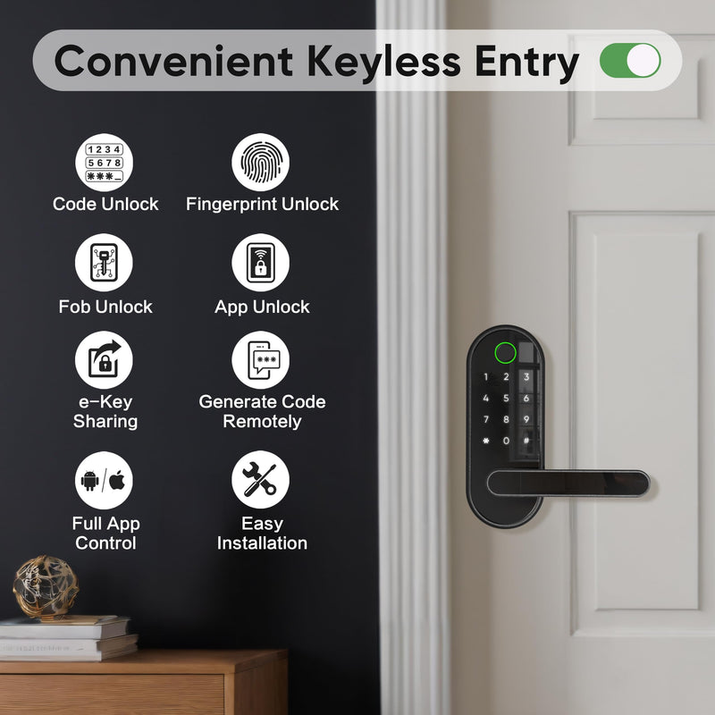 Keyless Entry Fingerprint Digital Smart Lock with Handle & Keypad: Electronic/Electric Lock with Code, App Control Biometric Deadbolt Door Knob for Front, Interior, Exterior & Bedroom Door (Black) Black