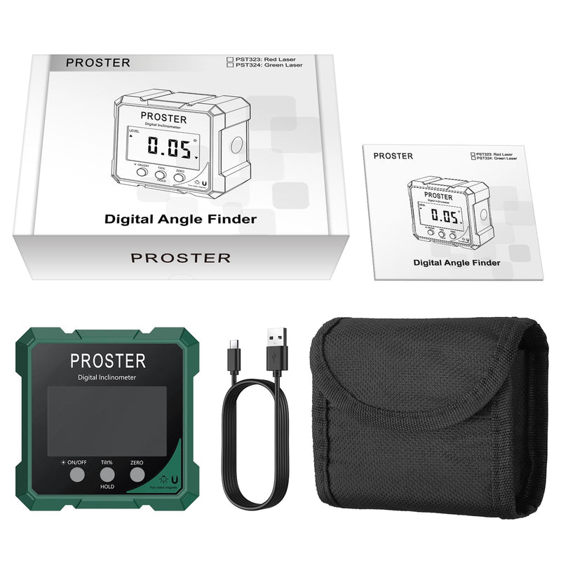 Proster Digital Angle Finder with Laser 4-Side Magnetic Angle Gauge IP54 Waterproof LCD VA Display USB-C Inclinometer Level Box for Woodworking Carpentry Building(Laser Level Class II,Output<1mW)