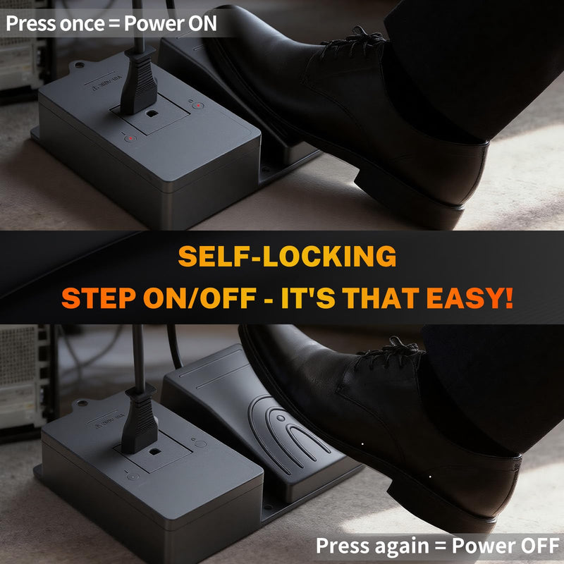 iKKEGOL Foot Pedal Power Switch Outlet, Self-Locking ON/Off Toggle Socket, 6.5ft Cable with 3-Prong Plug, 250V 10A, Hands-Free Operation for Tools, Machines, Woodworking, Workshop Use