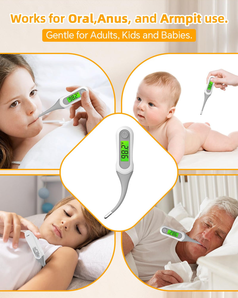 8 Seconds Digital Oral Thermometer for Adults and Kids, Accurate & Safe Baby Thermometer with Fever Alarm, 3 Backlits Display, Flexible Tip, Medical Basal Thermometer for Rectal, Underarm Grey