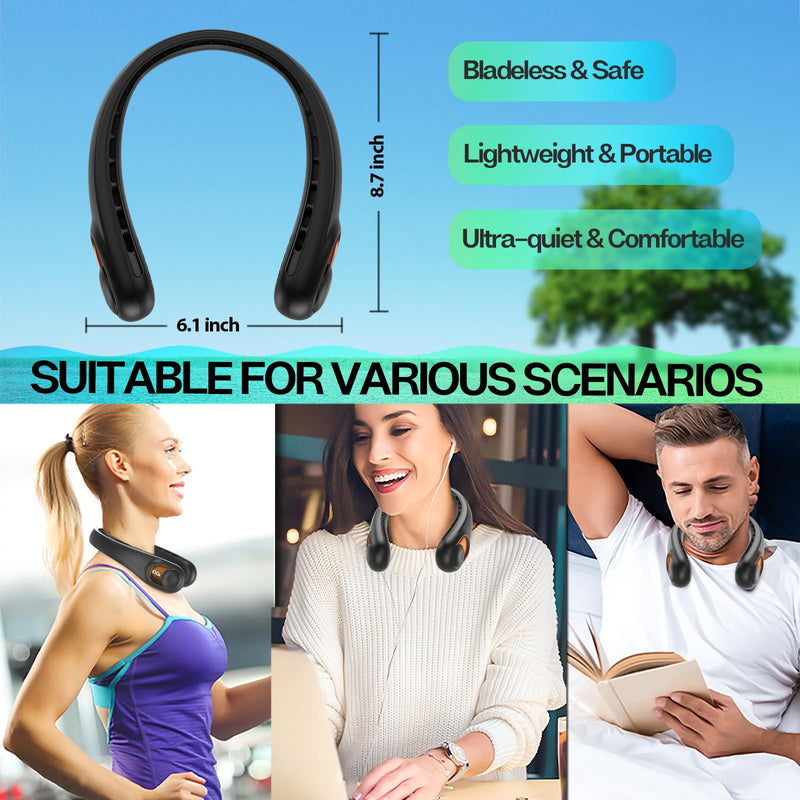 KIDEE Neck Fan, Portable Bladeless Neck Fans, Upgrade 360° Airflow, Super Quiet, 3 Speeds, 4000mAh Personal Wearable Neck Fan, Upgraded Cooling Air Volume USB Rechargeable Hands Free Fan Dark-black