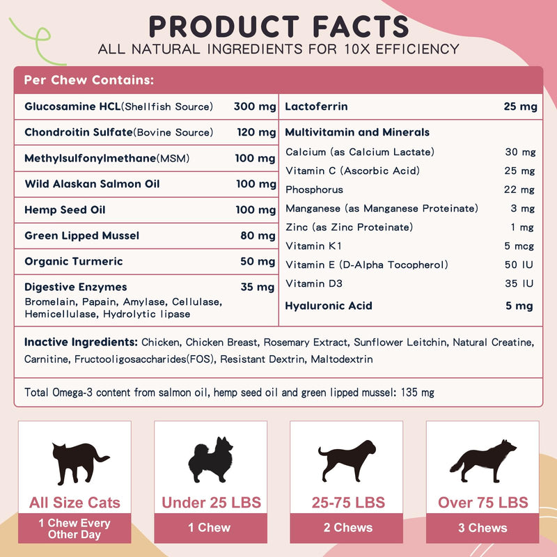 Glucosamine for Dogs, Joint Supplement for Dogs, Chondroitin, MSM, Hemp, Turmeric, Omega 3 for Pain Relief & Skin Health, Dog Hip and Joint Supplement with Calcium Support Bones Health - 120 Chews 120 Count - PawsPlanet Australia