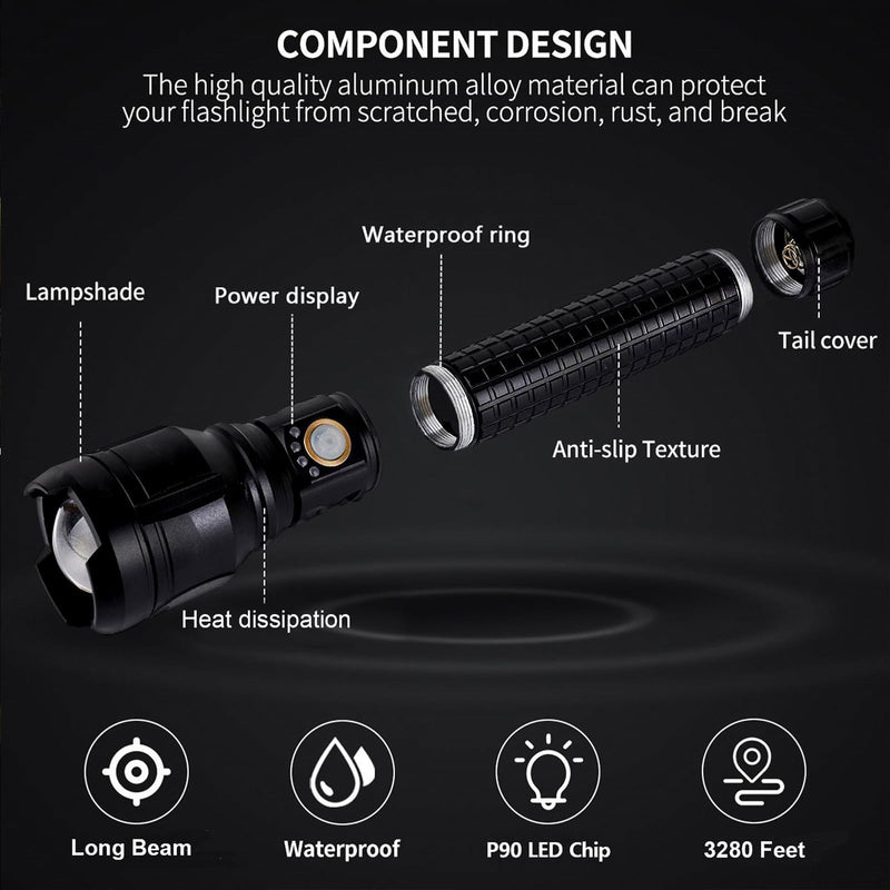 LBE Rechargeable Brightest LED Flashlight, 90,000 High Lumens Super Bright Powerful Flashlight with 5 Modes, IPX7 Waterproof Handheld Large Flash Light for Emergencies Camping