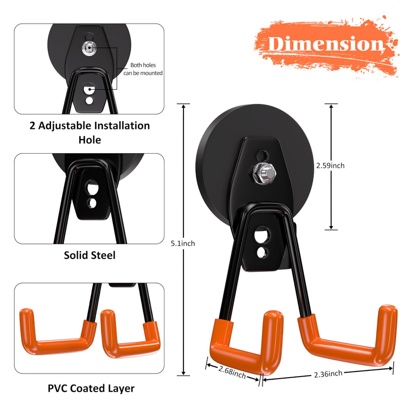 ENUODA Strong Magnetic Hooks Heavy Duty 4 Pack Magnet Garage Hooks Heavy Duty Rare Earth Magnets Utility Storage Hooks for Hanging Ladder, Power Tool, Toolbox, Shovel, Broom, Extension Cord Orange