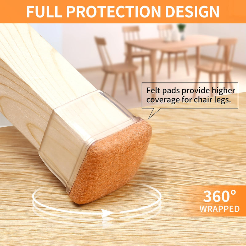 Ezprotekt 24 Pcs XL Square Clear Chair Leg Floor Protectors, Silicone Felt Furniture Pads Caps for Hardwood Floor, Dining Table Bar Stool Leg Protectors Leg Cups Covers (XL Fit: 1.5"-2") Clear-24pcs XL-Square