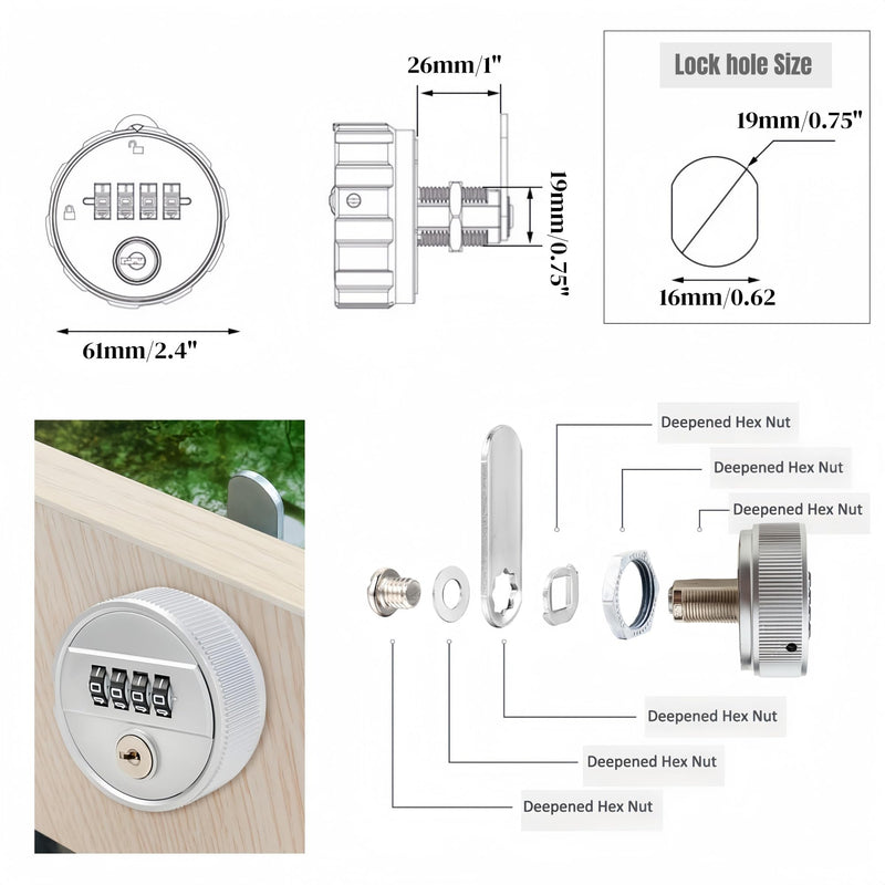 Large Combination Cabinet Cam Lock with Key,4-Dial Combi-cam Locks for cabinets,zinc Alloy Password Code Drawer-Lock with 26mm Cylinder Security Locks for Cabinet Filing Drawers Mailbox