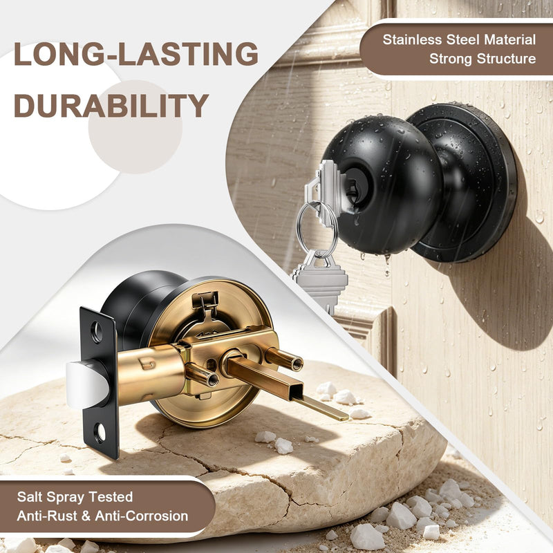 1 Pack Keyed Entry Door Knob with Lock and Key, Matte Black Front Door Lock for Exterior or Interior Doors, Standard Round Door Knobs Classic Design 1 Pack