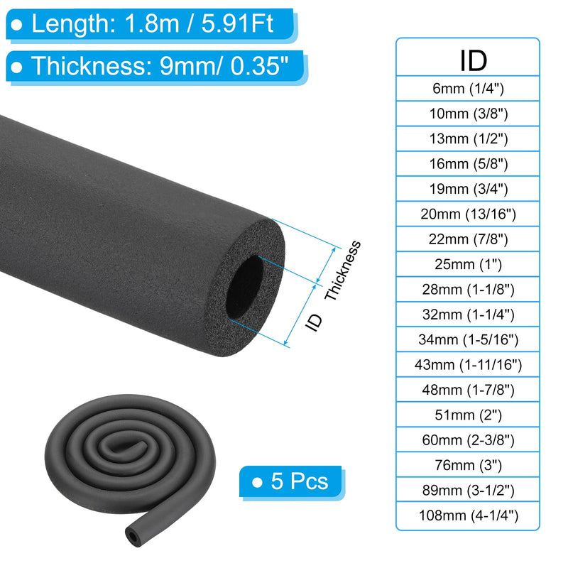 PATIKIL 1/2"x1-1/4"x5.91Ft Pipe Insulation Foam Tube 0.35" T Black 5Pcs 6Ft x 1/2" x 1-1/4"