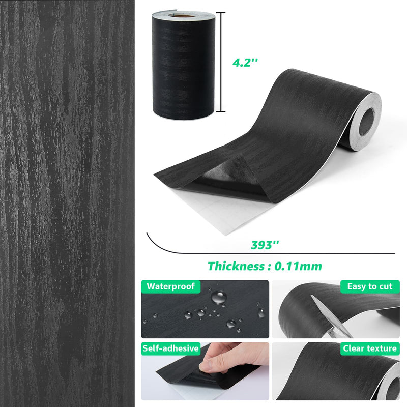 LONGKING Premium 10M Black Wood Grain Peel and Stick Mirror Border Wall Decal: Waterproof PVC Wallpaper Sticker for Kitchen & Bathroom, 393x4.2 in 4.2" x 393"