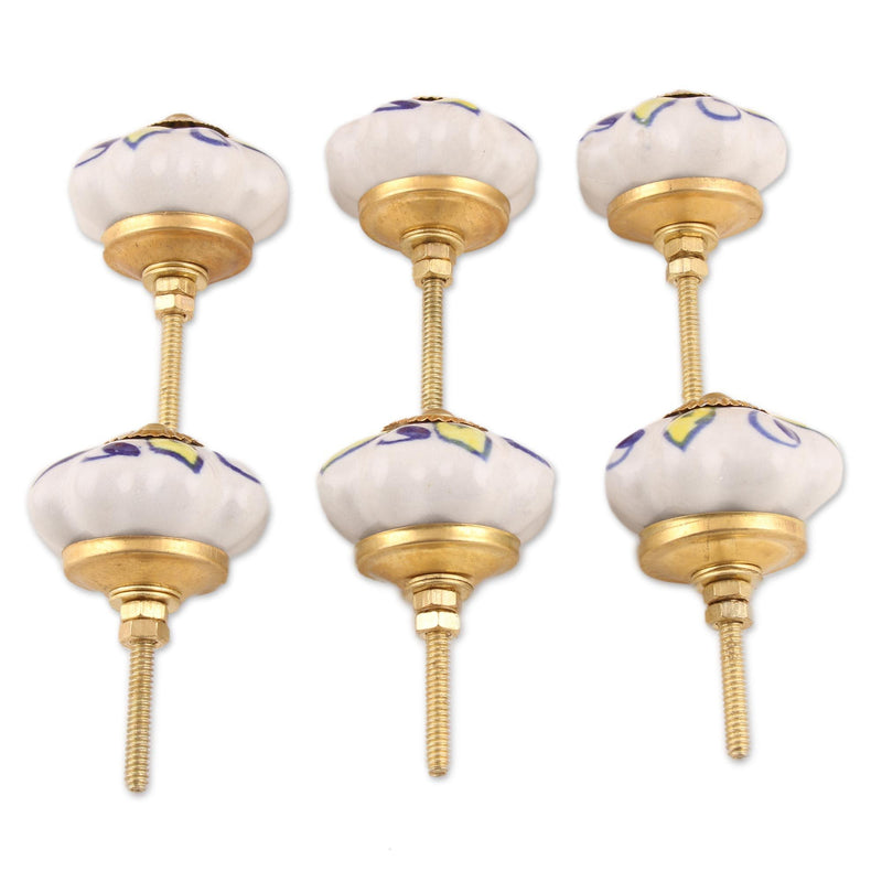 NOVICA Artisan Handmade Ceramic Cabinet Knobs Floral Yellow White Set of 6 India Metal Decor Accessories Decorative Hardware Painted Garden Party Bohemian [ 3.1in H x 2in W x 1.2in D Screw Length 1.6]