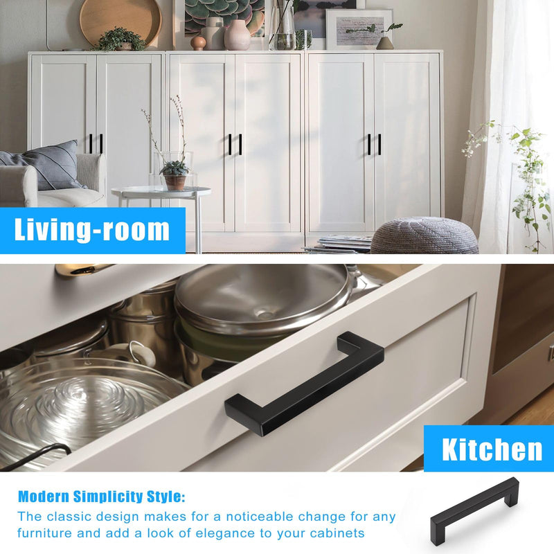 KNOBWELL 6 Pack 4 inch Black Kitchen Cabinet, Stainless Steel Cupboard Door Handles Pulls for Vanity Chest Nightstand Drawer Dresser - Hole Distance 4", Overall Length 4-1/2" Hole Center:4 inch(102mm)