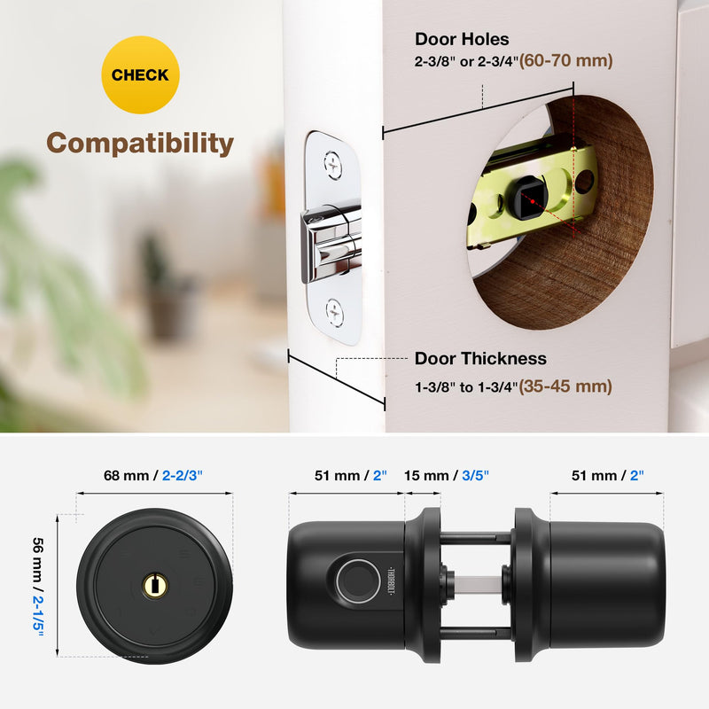 Fingerprint Door Knob Lock with Keypad Biometric Door Knob Auto-Lock 4* AAA Alkaline Batteries Interior Door Lock for Bedroom, Garage, Office, Pantry Door G1 Black