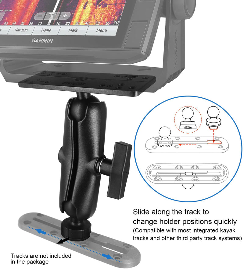 Aluminum Fish Finder Mount with T-Bolt Track Ball, Depth Finder Mount with 1.5"/C Size Ball for Boat/Kayak Track, Marine Electronic Stand, Compatible with Garmin, Lowrance, Humminbird and More
