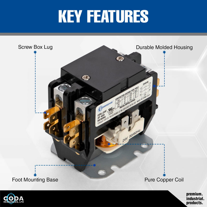 Cambridge 2-Pole 40A 24V AC Coil Definite Purpose Contactor for Air Conditioner Condenser Compressor Motor