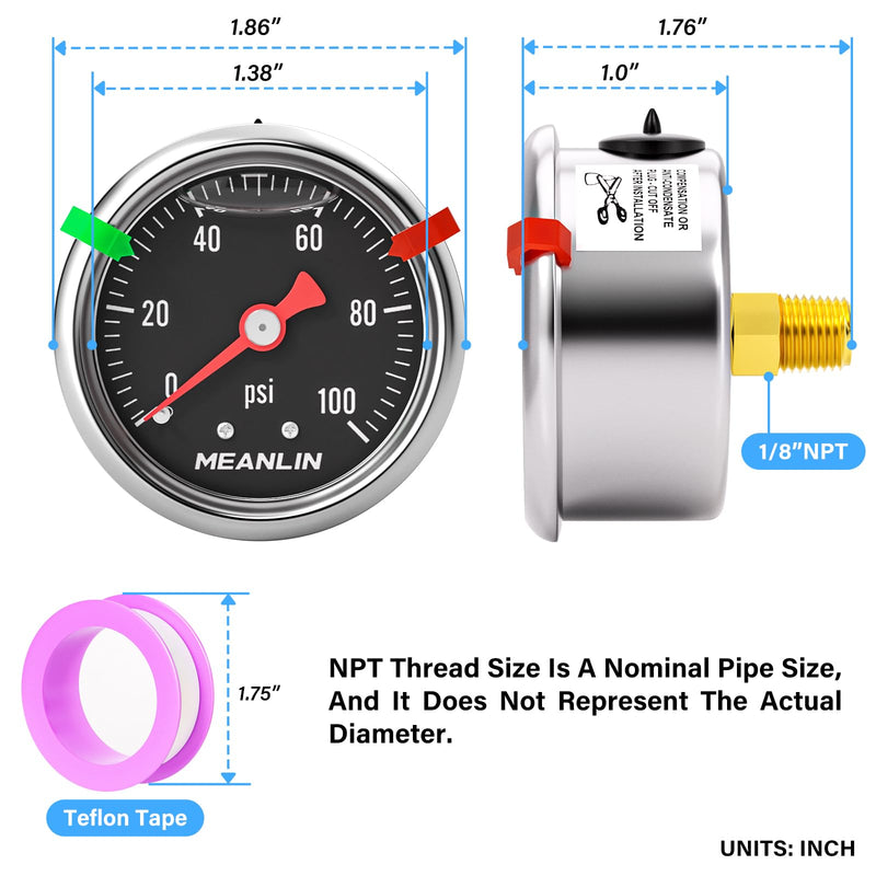 MEANLIN MEASURE 0~100Psi Stainless Steel 1/8" NPT 1.5" FACE DIAL, Glycerin Filled Pressure Gauge, Liquid Filled, Back Mount with 2PCS Snaps (Black) 0-100Psi Back Mount(Black Dial)