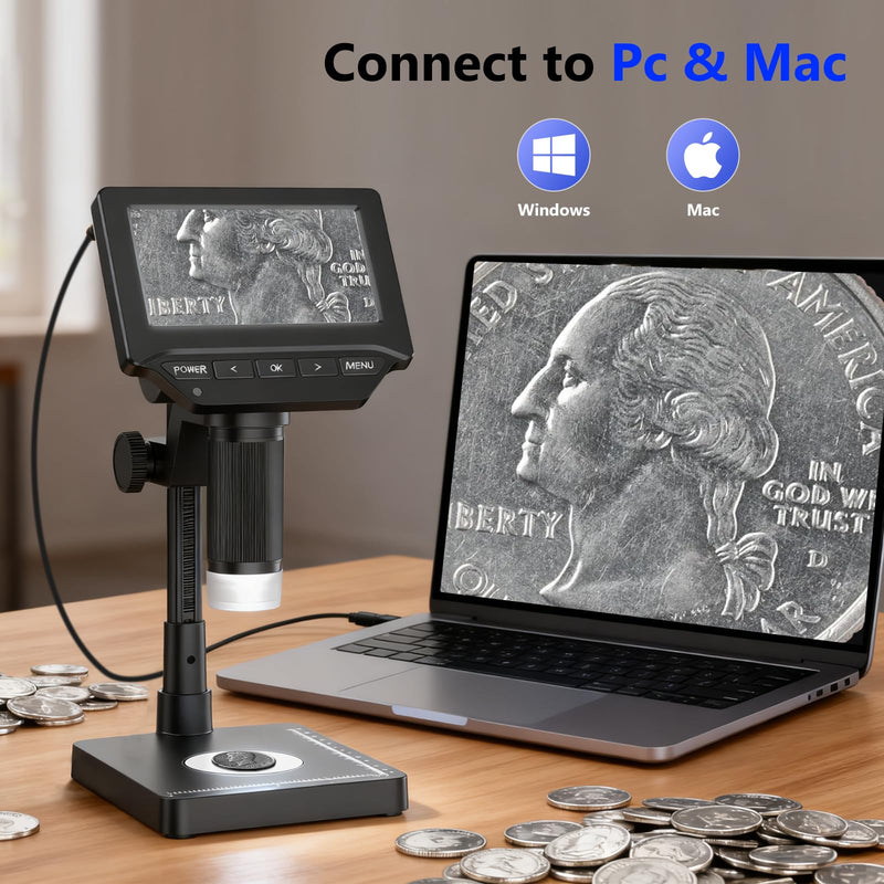 Digital Microscope,4.3" Digital Coin Microscope with Screen,with 8 Adjustable LED Lights, 1080P PC View Compatible with Windows/MacBook,Base with Adjustable Lighting