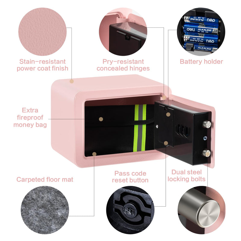 0.23 Cubic Feet Safe Box, Small Safe W/Fireproof Bag, Keys & Pass Code, Digital Electronic Security Money Box for Cash, Document, Home, Office, Hotel Use, Pink, 6.69"D x 9.06"W x 6.69"H 0.23 Cubic Feet