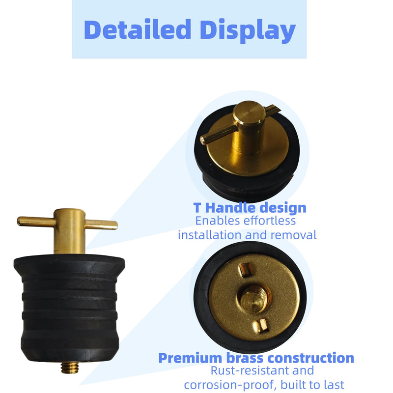 4 Pcs 1.25 Inch Boat Drain Plugs with T Handle, Twist-Turn Seal Design, Sturdy Rubber Plugs for 1-1/4 Inch Drains Locks (Brass)
