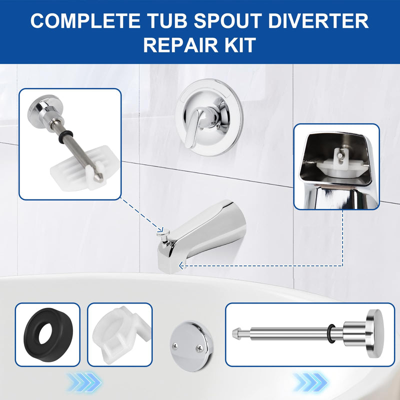 2 Set Universal Tub Spout Diverter Repair Kit, Bathroom Shower Bathtub Leaky Faucet Repair Replacement Parts, Includes 2*Diverter Valve Stems, 2*Gates and 2*Cup Seals (Chrome) Chrome