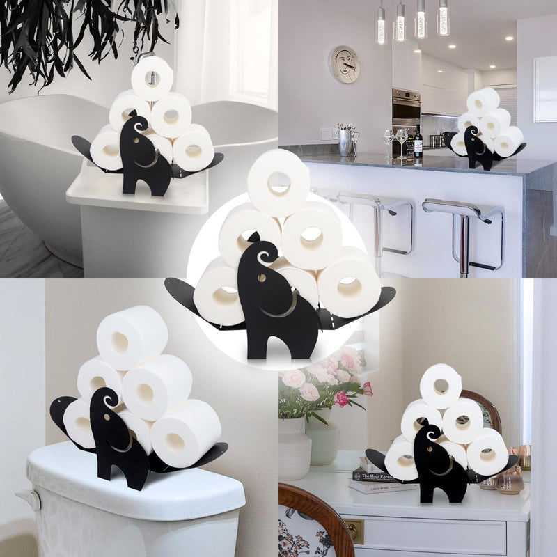 Elephant Toilet Paper Holder – Whimsical Bathroom Decor for Toilet Tank Top, Funny Black Metal Freestanding Storage for 7 Rolls, Unique Novelty Gag Gift Elephant