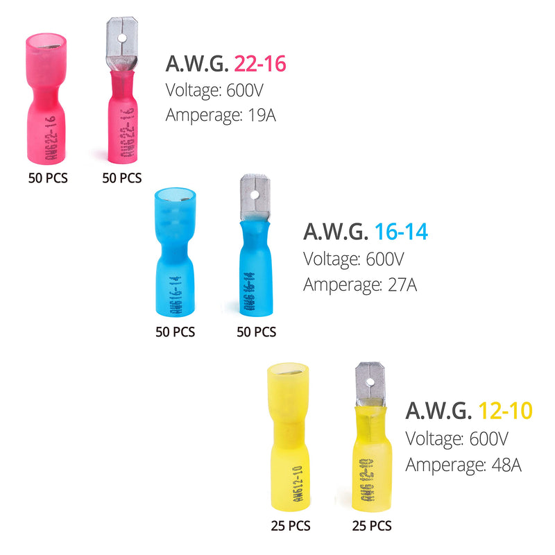 Wirefy 250 PCS Heat Shrink Spade Connector Kit - Male and Female Spade Wire Connectors - Quick Disconnect Electrical Terminals - 22-10 Gauge 22-10 Gauge - Kit Male/Female Spades Kit