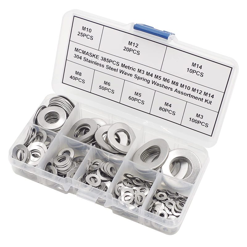 385PCS Metric M3 M4 M5 M6 M8 M10 M12 M14 304 Stainless Steel Wave Spring Washers Assortment Kit