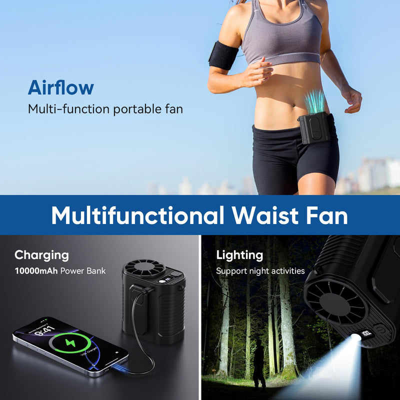 Portable Waist Fan, 10-Speed Body Fan with LED Light, Hands-Free Wearable Belt Clip Waist Fans, 10000mAh Personal Rechargeable Cooling Device, Dual Clips & Power Bank, for Camping, Outdoor, Jobsite Black
