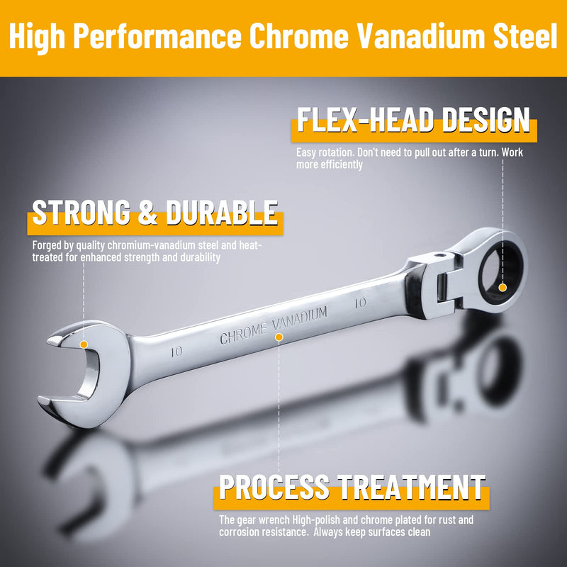 10mm Ratchet Wrench Flex Head: Box End Wrench 12Pt| Metric Ratcheting Combination Chrome Vanadium 10mm