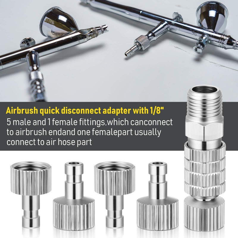 Airbrush Quick Release Coupling Disconnect Adapter Kit, 5 Pieces 1/8 Inch Female Connectors and Male Adapters Adjustment Control Valve Airbrush Accessories for Air Compressor
