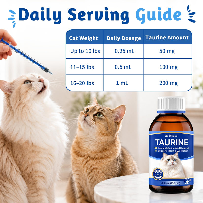 Taurine for Cats Drop 4 oz, Cats Taurine Supplement 200mg High Potency for Heart & Eye Health, Amino Acid Support for Vision & Immune System with 1ml Precision Syringe