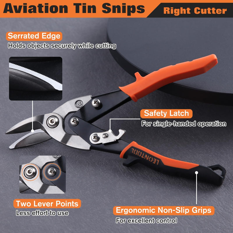 10" Tin Snips for Cutting Metal Sheet Right Cut Aviation Snips with Safety Latch and Non-slip Handle, Heavy Duty Metal Shears Metal Cutters Metal Cutting Tool Metal Snips, Cr-Mo Steel Blade