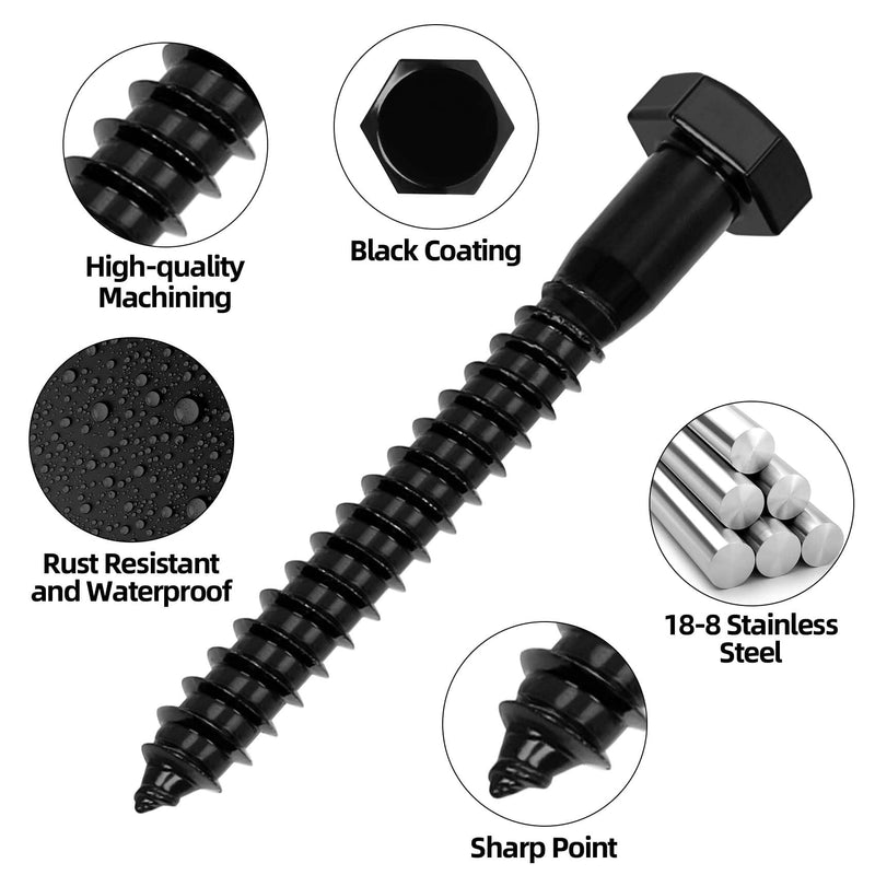 3/8" x 2-1/2" Stainless Steel Lag Screws Bolts, Heavy Duty External Hex Head Wood Screws, Black Finish, Partial Thread, 10 PCS 3/8" x 2-1/2"