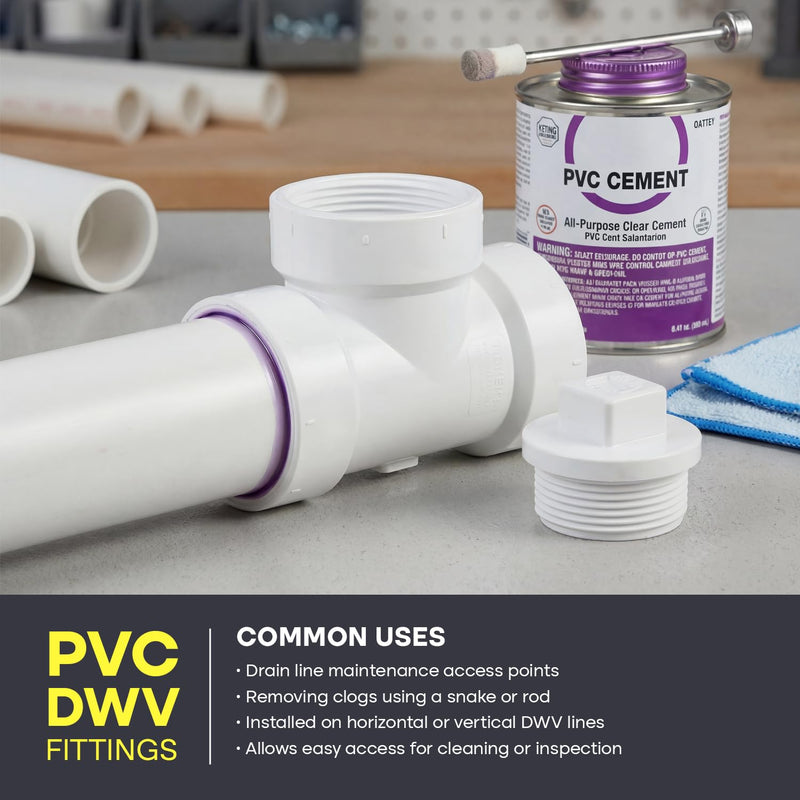 SUPPLYGIANT™ (10 Pack) 4 Inch PVC DWV Flush Cleanout Tee – Hub x Hub x FPT White Drain, Waste & Vent Fitting with Cleanout Access