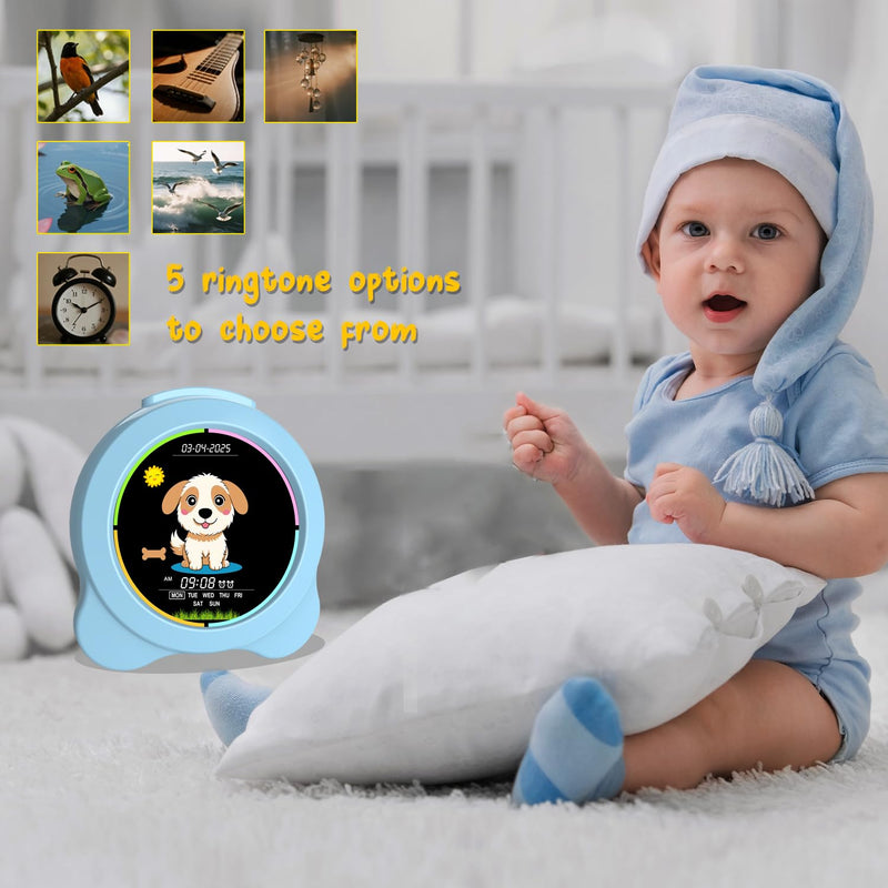 Kids Alarm Clock Sun & Moon& Dog LED Display with Day & Date OK to Wake Clock with Night Light for Kids Children's Sleep Trainer Gift for Boy and Girls Gog Blue