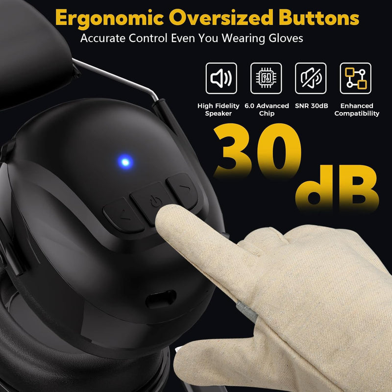 Bluetooth 6.0 Hearing Protection with 120H Working Time, 30dB Safety Earmuffs, Rechargeable Ear Protection Headphones with Mic for Mowing, Workshops, Construction, Snowblowing, Black
