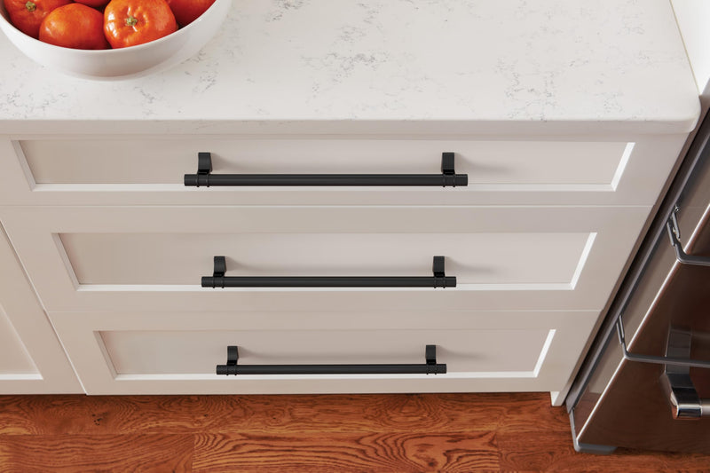 Amerock 10-1/16" Davenport Matte Black Drawer Pull | 10-1/16 inch (256mm) Center-to-Center Mounting Distance and 11-9/16 inches Overall Length, Durable Zinc Cabinet Hardware 10-1/16 Inch (256 mm) Center-to-Center