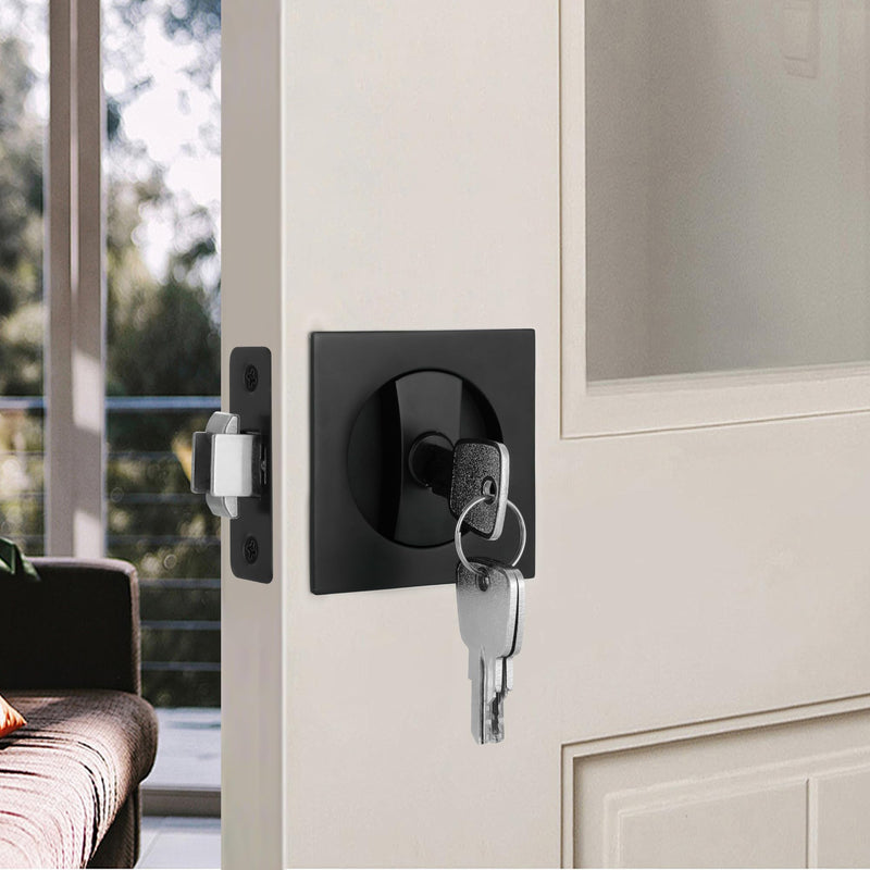 Pocket Door Lock with Key, Matte Black Pocket Door Hardware Square Door Lock for Privacy Sliding Door Bifold Door Locks Pocket Door Pull Handles Replacement Hardware Entry (with Key) -Square