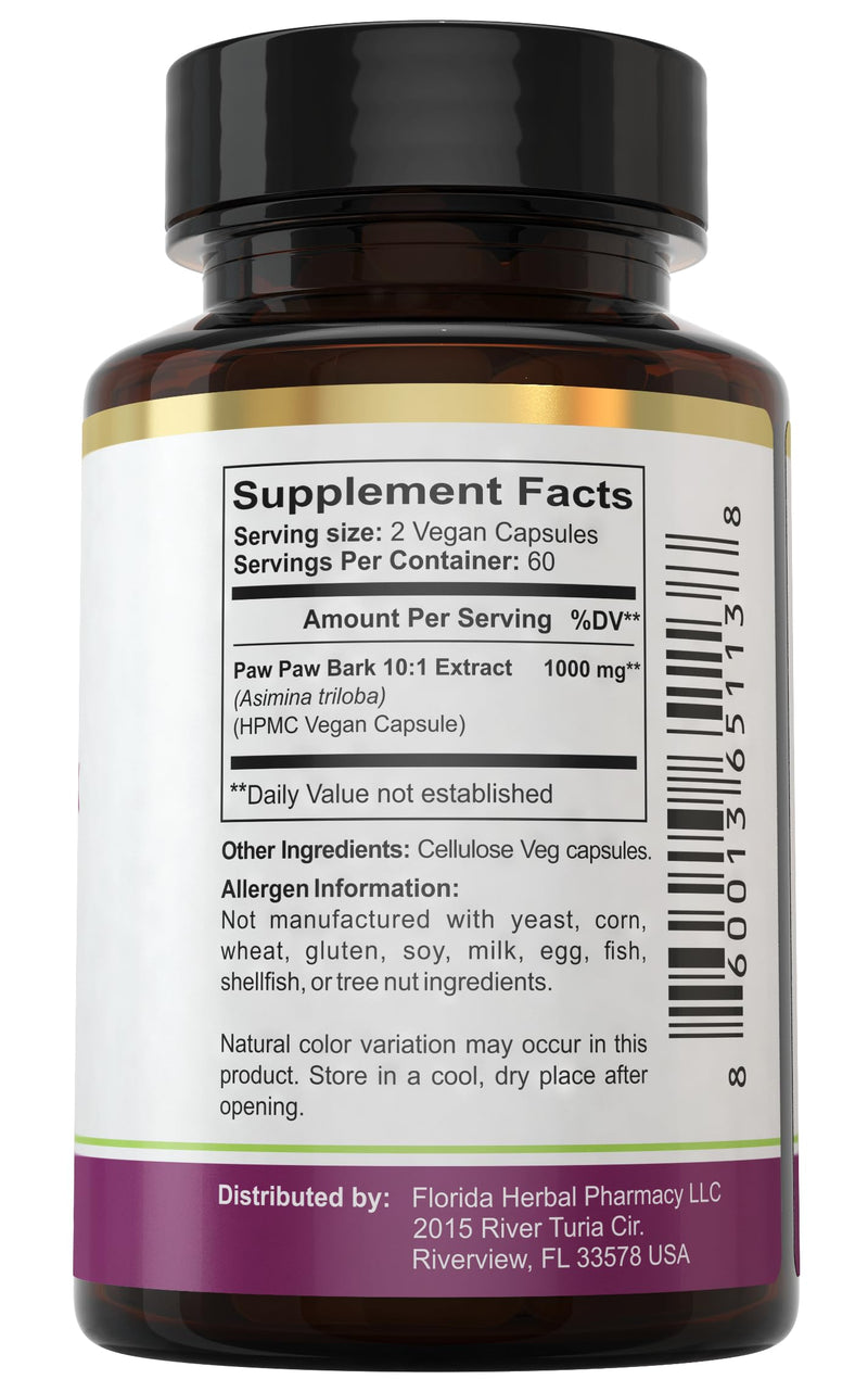 Florida Herbal Pharmacy, Paw Paw Extract Supplement Capsules 10:1 (120 Capsules) 500 mg per Capsule, 1000 mg Serving (Pack of 1)