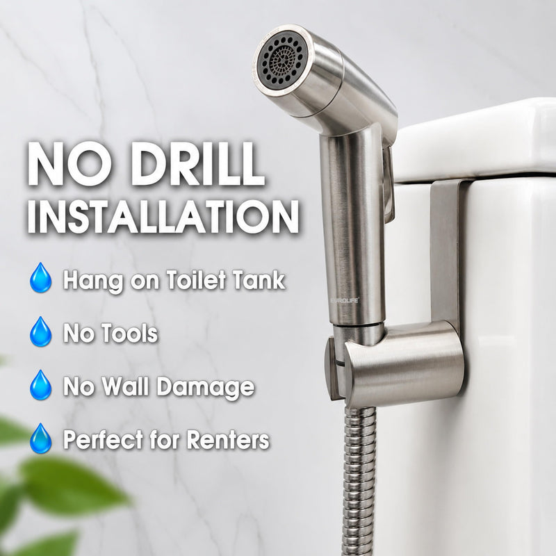 Handheld Bidet Sprayer for Toilet, Dual Spray Modes with Lockable Push Button, High Pressure Bathroom Sprayer, No-Drill Toilet Tank Mount, Stainless Steel Hose Set, Black Finish, Niken Color Brushed Niken