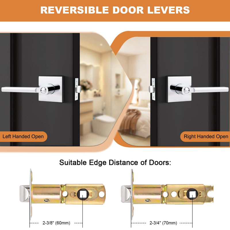 Probrico Polished Chrome Privacy Door Handle Lockset Heavy Duty Square Interior Door Lever for Bedroom or Bathroom Reversible Keyless Handleset Door Knob Slim Handed Levers, 2 Pack
