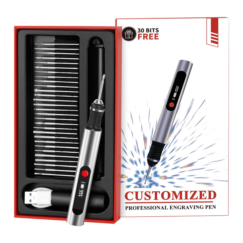 Engraving Pen, Ultimate Cordless Engraving Pen for Artists & DIYers - Engrave 60+ Surfaces - Beginner Friendly- 30 Bits & Mastery Guide (Grey) Grey