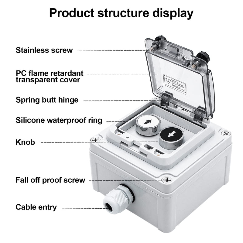 IP67 Button Switch Outdoor Waterproof Box 2 Push Button White Up Black Down Button with Protective Cover Anti-misoperation Switch(AC/DC 6A-110V/3A-240V/2.5A-380V) 2 Buttons-White Up & Black Down Self-Resetting