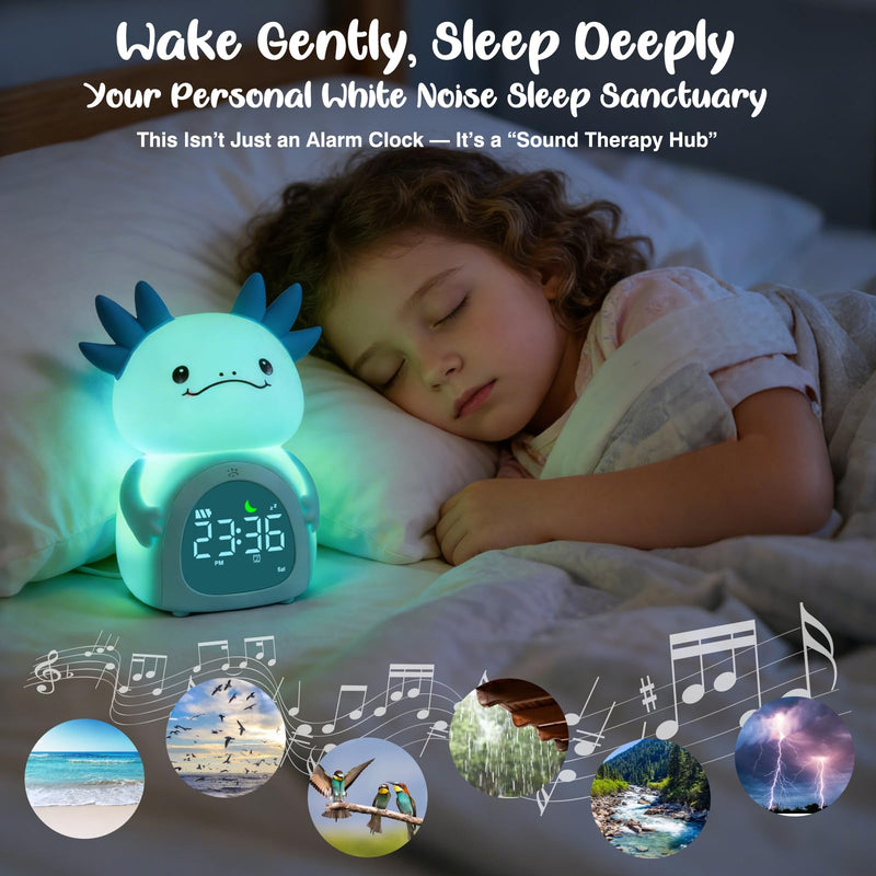 Axolotl Alarm Clock for Kids, Rechargeable Ok to Wake Clock with Night Light - BPA-Free Silicone Sleep Training Clock, Cute Toddler Wake Up Clock for Boys Girls Bedroom Blue Axolotl