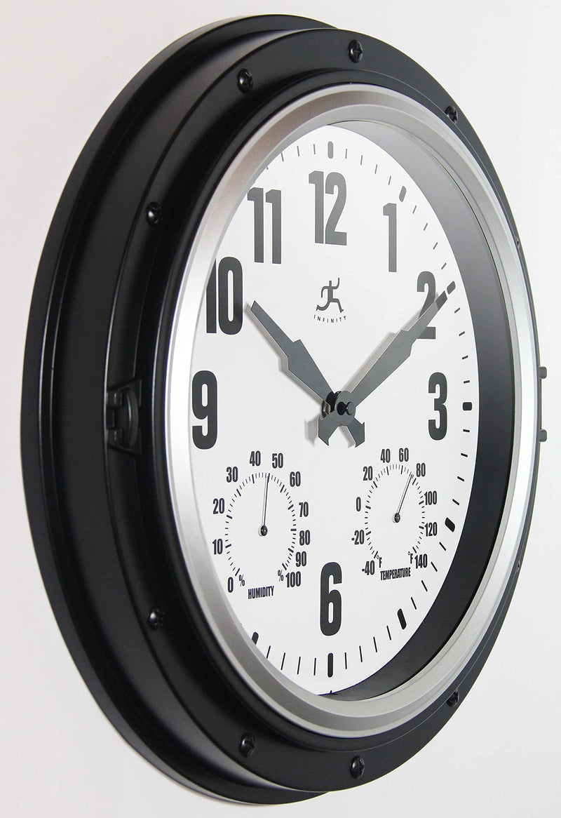 Infinity Instruments Forecaster Indoor/Outdoor Wall Clock, Thermometer, Hygrometer Combo, Stylish Durable Waterproof Weather Station for Your Home, 16 Inch, Black Black & Silver