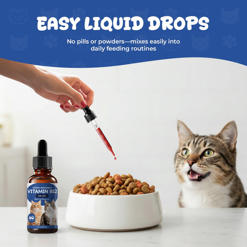 Vitamin B12 Appetite Stimulant Drops for Cats, Methylcobalamin Liquid Cat Supplement for Appetite, Energy & Metabolism Support, Helps Picky or Low-Energy Cats Eat & Thrive, 2 fl oz