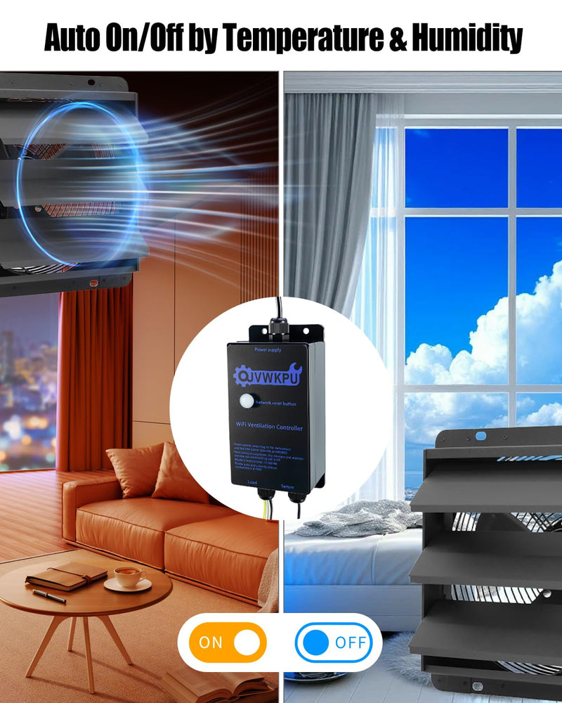 Temperature and Humidity Exhaust Fan Switch, Multi-Functional Vent Controller with IoT, Auto On/Off by Temp & Humidity, 25A Heavy-Duty Load