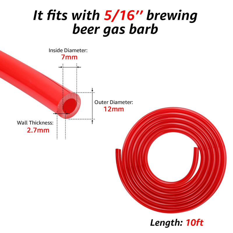 10ft Beer CO2 Gas Line Tubing for Kegerator ID 5/16" Keg Gas Line Red PVC CO2 Gas Hose with OD 5/16" Barb Fittting for Draft Beer Home Brewing 10ft Gas Line with Barb Fitting