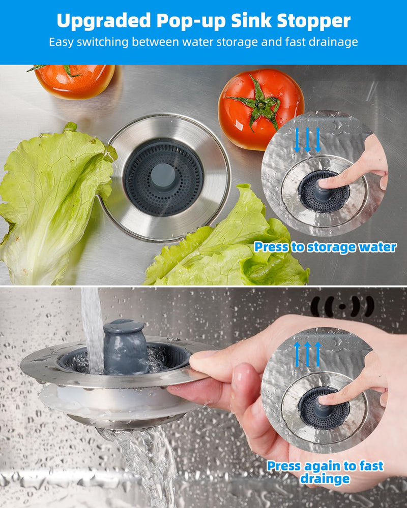Hibbent Upgraded 3 in 1 Kitchen Sink Drain Strainer and Stopper Combo, Stainless Steel Metal Pop Up Sink Stopper, Anti-Clogging Basket Strainer with Handle for US Standard 3-1/2 Inch Drain Chrome