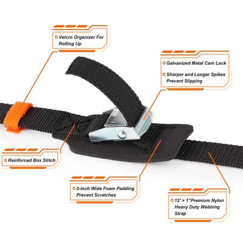 Boncas Sturdy 12-foot-by-1-inch Tie Down Strap Lashing Strap Cargo Tie-down Strap Padded Cam Lock Buckle 2 Pack 12FT-2 Pack