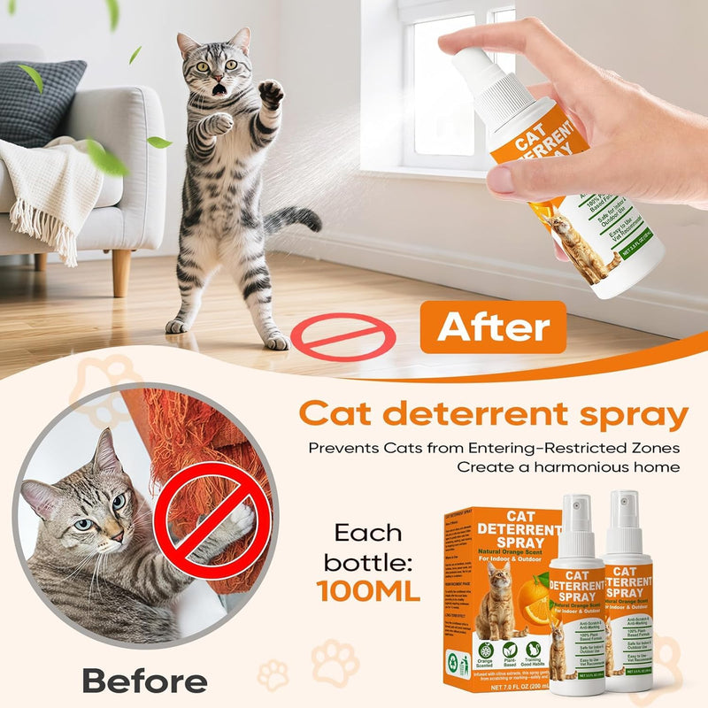 Cat Deterrent Spray 2 Pack, Natural Non-Toxic Plant Based Anti-Scratch & Anti-Marking Spray for Cats & Kittens, Orange Scent Pet Training Aid, Safe for Pets, Indoor Outdoor Furniture, Protector 7.0 Oz